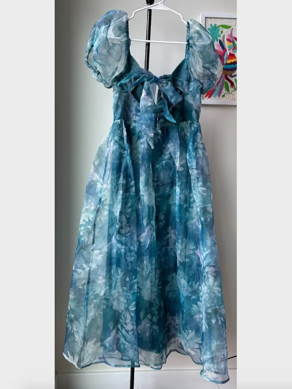 Lulus Lovely Statement Teal Blue Floral Organza Tie-Back Midi Dress - Size M - Picture 6 of 16